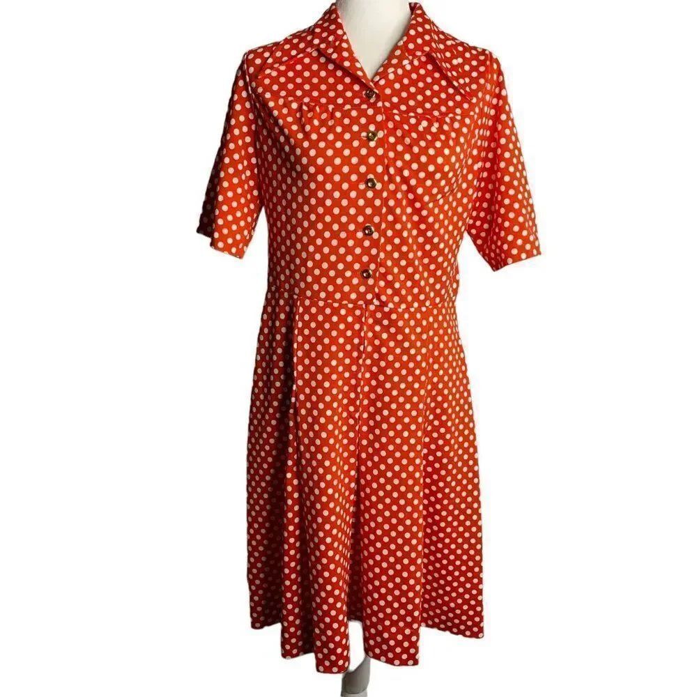 Vintage 70s Pleated Knit Shirt Dress M Red Polka Dots Point Collar Polyester
